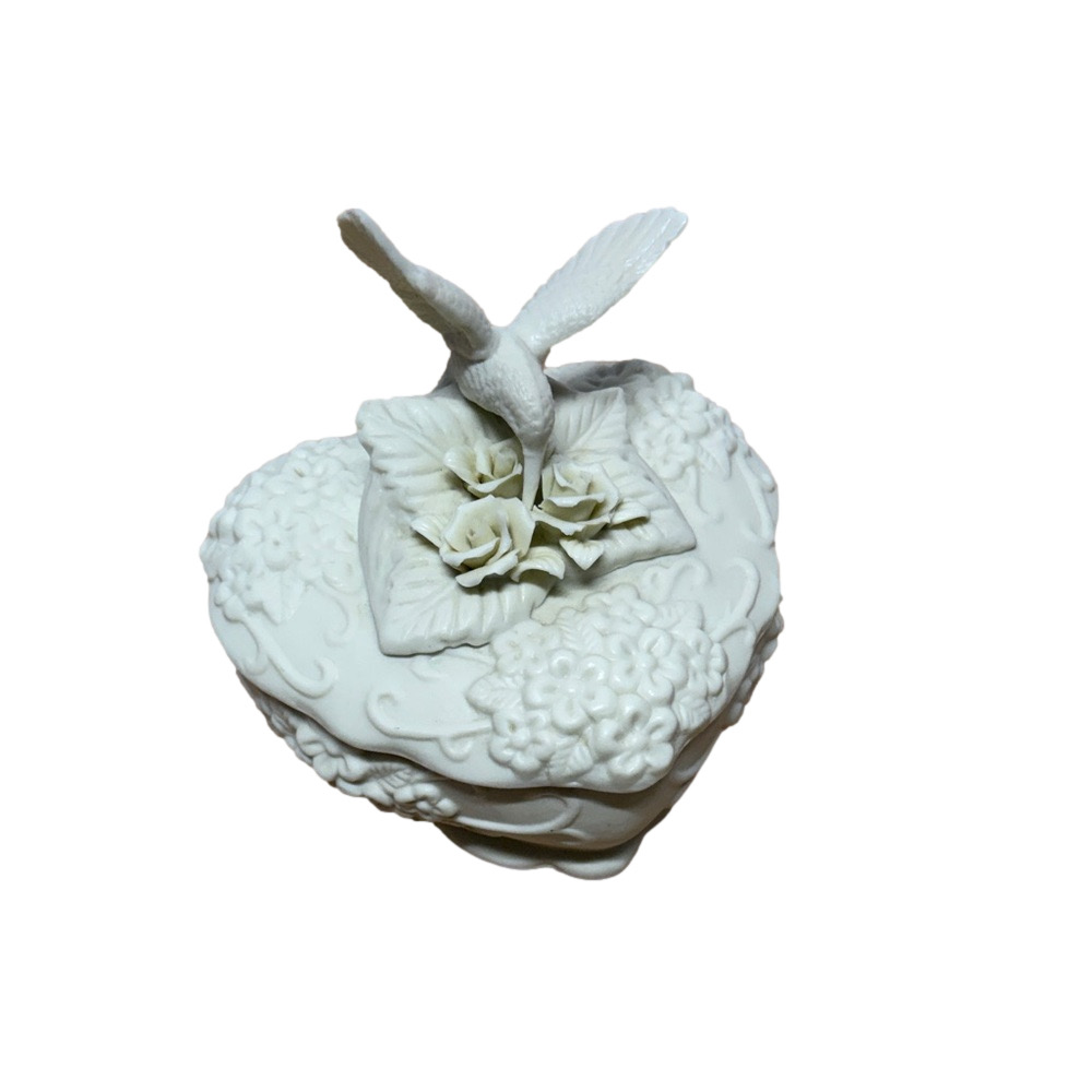 Ceramic Heart Trinket Box White Floral Hummingbird Jewelry Keepsake Cottage